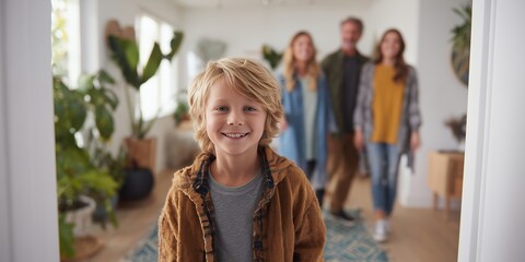 Smiling blond boy looking at camera with family in background inside house, concept for family time, home decor inspiration and happy memories