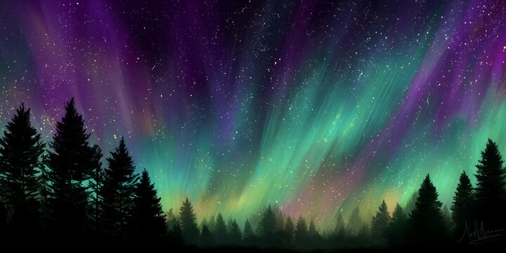 Silhouette of pine trees under a vibrant aurora borealis sky filled with stars, concept for nature backgrounds, artistic wallpapers and celestial illustrations