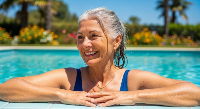 Mature caucasian woman relaxing in pool amidst sunny tropical garden - Powered by Adobe