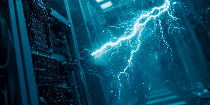 Electrical discharge and lightning strike server racks in a data center environment, concept for power surge protection, network infrastructure security and energy consumption visualization