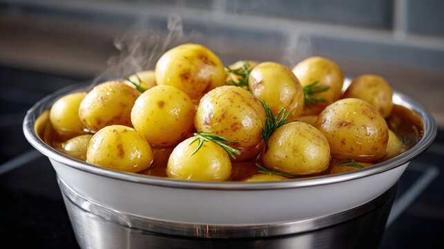 A bowl of potatoes with herbs and spices in it. The steam coming from the potatoes suggests that they are being cooked