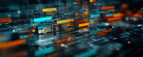 Abstract glowing lines and code snippets forming a technological grid, concept for data analysis, network security and advanced computing