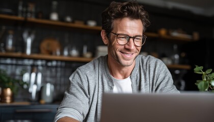 Triumphant Business Owner Grinning With Contentment While Reviewing Data On His Laptop In The Comfort Of His Home Office.
