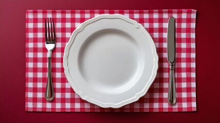 A white plate with a fork and knife on a red and white checkered cloth. The plate is empty and the table setting is simple and elegant