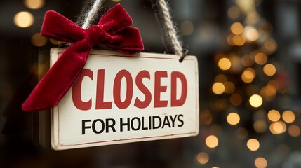 Vintage wooden sign displaying 'Closed for Holidays' with a red velvet bow, concept for holiday announcement, seasonal promotion and business closure