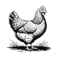Detailed black and white sketch of a standing hen in grass