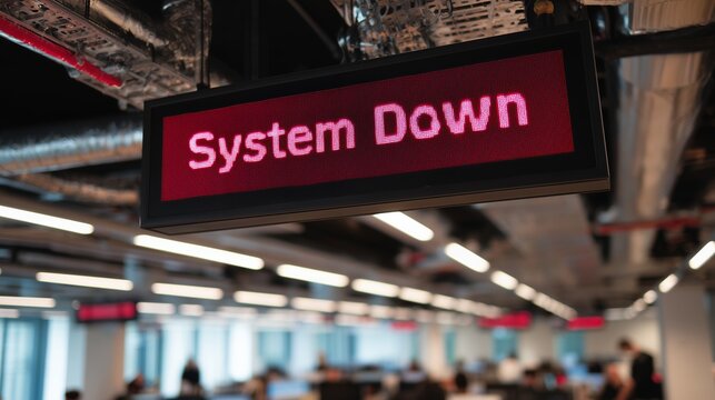 Red digital sign displaying 'System Down' in a modern office environment, concept for IT infrastructure problem, system failure notification and operational risk assessment