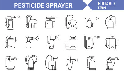 Thin Stroke Icon Set of Pest Control and Chemical Spraying Devices