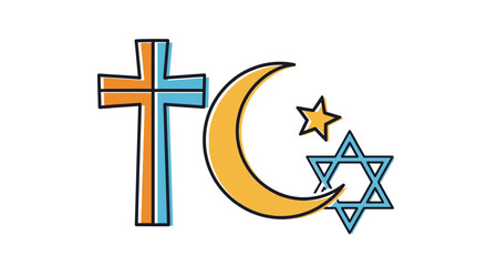 Colorful symbols of faith: cross, crescent, and star of david in harmony