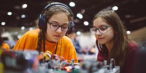 Naklejka premium Two young female students are examining a complex robotic assembly, engrossed in its intricate details, concept for science education, engineering workshop and technology exhibit