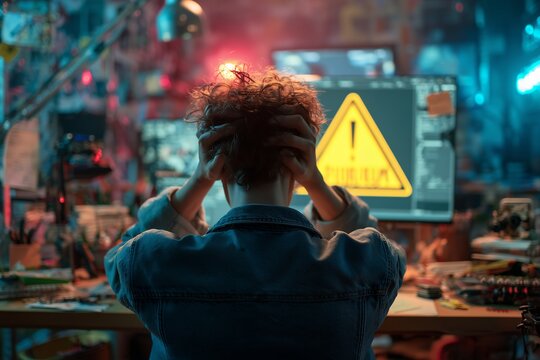 Stressed IT Support Specialist grasping head in front of a computer displaying a warning sign, concept for cybersecurity threat detection, network failure troubleshooting and software error