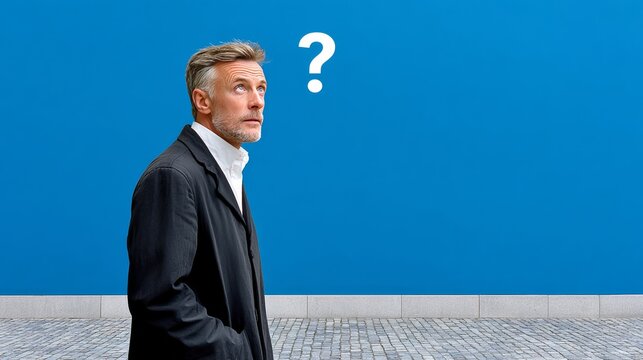 A man in a suit is looking up at a wall with a question mark. Concept of curiosity and uncertainty, as the man is pondering something. The blue background adds a sense of calmness