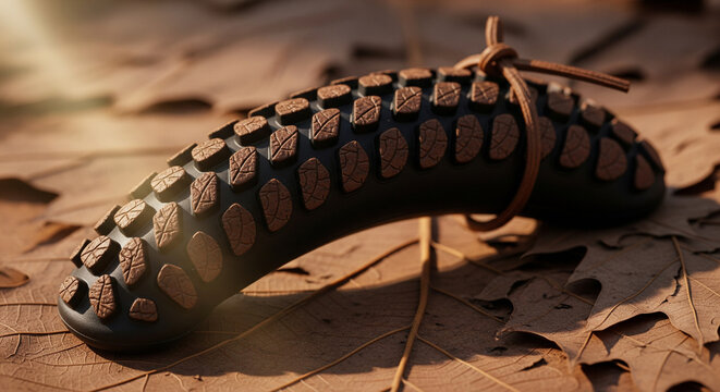 Organic Tire Tread Concept on Fallen Autumn Leaves
A conceptual design of a curved, dark tire section featuring an aggressive tread pattern made of earthy, terracotta-colored