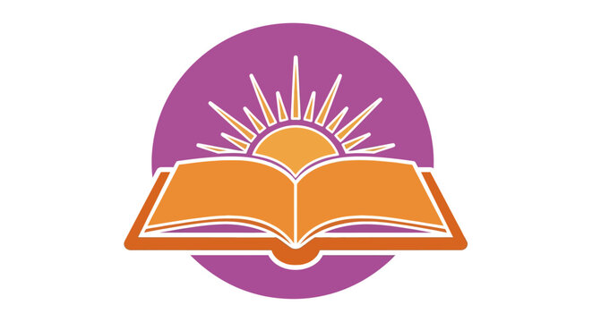 Colorful open book with rising sun design in a modern flat style