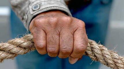 A man's hand is holding a rope. The rope is brown and frayed. The man's hand is rough and dirty. Concept of strength and determination