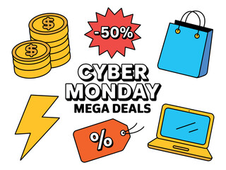 Cyber Monday mega deals featuring coins, shopping bag, percentage tag, lightning bolt, and laptop illustration.