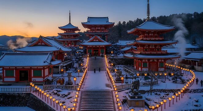 Magical Winter Twilight at Kiyomizu dera Temple in Kyoto Japan with Snow and Lanterns