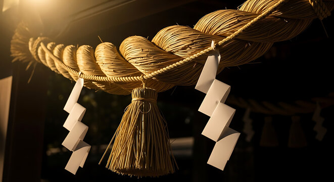 Authentic Japanese Shimenawa Rope with Shide Paper at Night