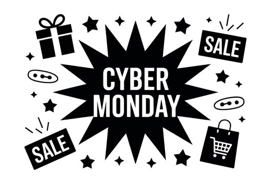Cyber Monday sale with gift box, shopping bag, and stars graphic elements.