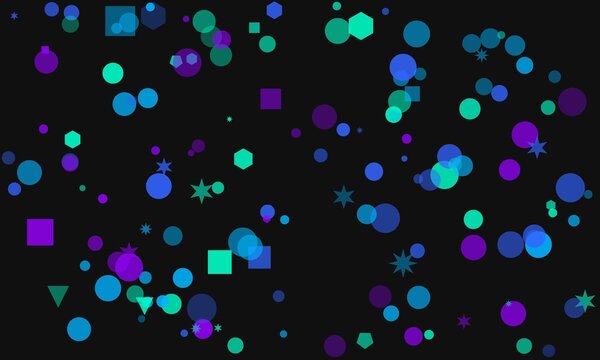 Colorful geometric shapes floating on black background with vibrant hues