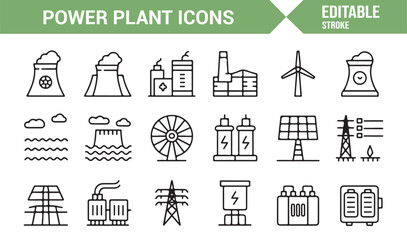 Editable Stroke Power Generation Facility Icon Collection