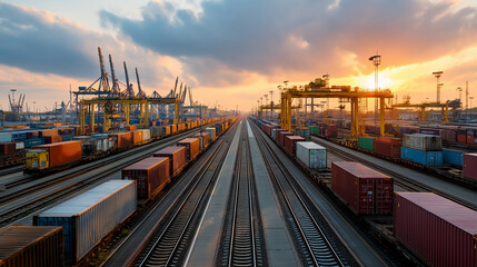Rail yard with freight trains, cargo containers, loading cranes, long tracks, gritty industrial atmosphere, warm sunset tones.