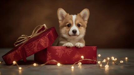 A photorealistic burgundy Christmas gift box with a gold ribbon, slightly open, revealing a cute Welsh Corgi puppy with expressive eyes and fluffy fur.