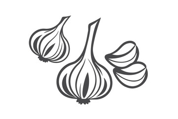 Detailed monochrome garlic bulbs and cloves showcase culinary ingredients with contour lines