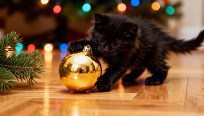 A small black kitten plays with a shiny golden Christmas ornament on a wooden floor. Colorful lights and a pine branch are in the background.