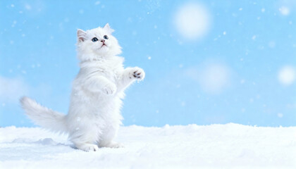 A fluffy white kitten stands on snow, playfully reaching up. The background features a clear blue sky with soft snowflakes falling.