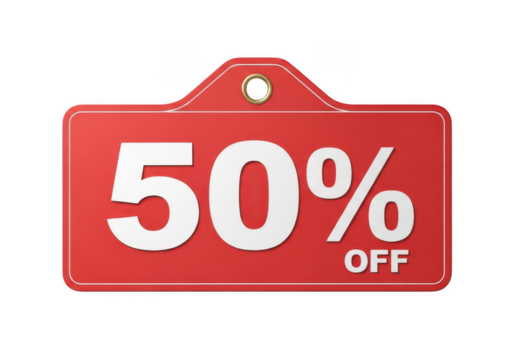 Red 50 percent off sale tag isolated on transparent background for promotion - Powered by Adobe