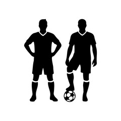 Two football player silhouettes in different poses with a ball.