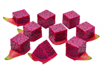 Fresh dragon fruit cubes isolated on transparent background, a healthy and exotic snack