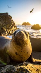 Close-up of a sea lion on a beach, with birds and sunset in background