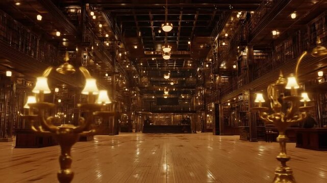 Ornate chandelier in a grand library interior with warm lighting