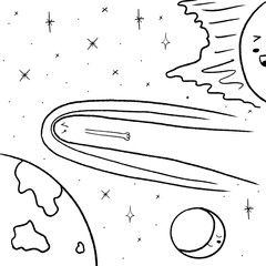 Comet kawaii cute doodle character. Hand drawn line illustration of outer space and flying comet among sun and moon reaching planet Earth.