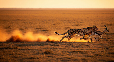 Cheetah sprints across the African savanna chasing a gazelle during sunset