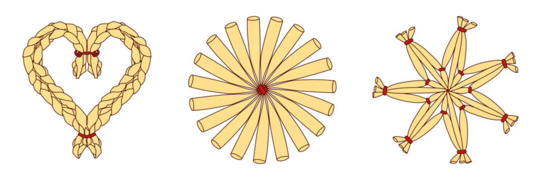 Traditional Scandinavian straw Christmas decorations - hand drawn vector illustration.