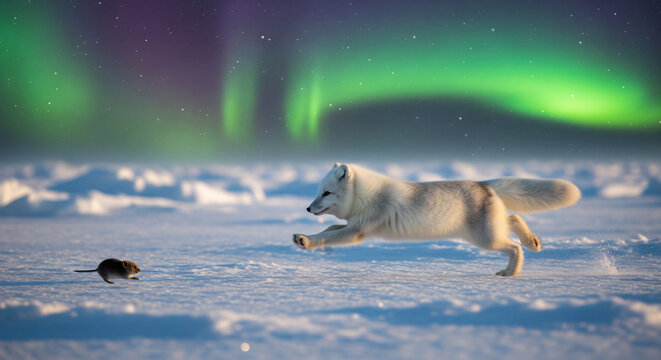 Arctic fox running swiftly across frozen tundra in pursuit of small vole with northern lights glowing above