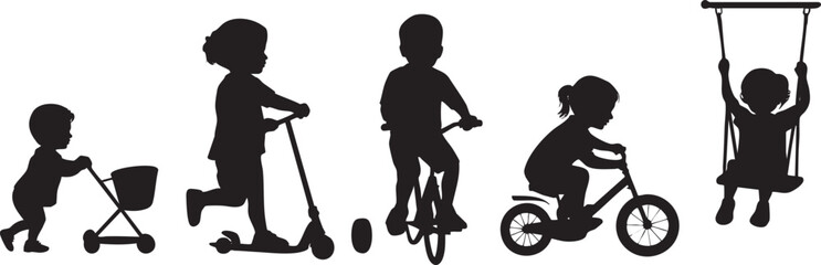 Silhouettes of Children Playing with Toys and Enjoying Outdoor Activities