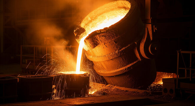 Ladle pouring molten metal in a steel mill during nighttime with bright streams of liquid metal