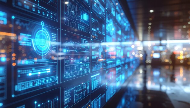 Stunning futuristic data visualization wall displaying real-time analytics for modern business intelligence and technology solutions in digital age - Powered by Adobe