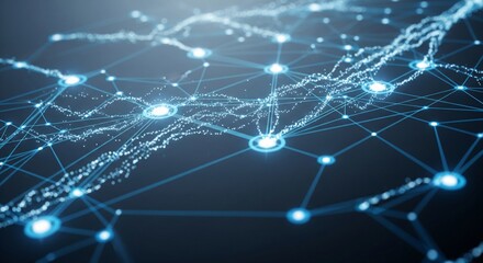 Obraz premium Abstract Blue Digital Network and Data Flow. visualization of a global network. Glowing blue lines and light particles connect nodes on a dark, sophisticated background. artificial intelligence
