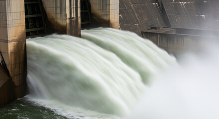 Water rushes through sluice gate at hydroelectric dam creating a powerful cascade of motion and energy