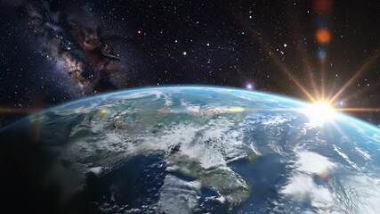 Cosmic sunrise over the Earths curvature, featuring the Milky Way galaxy in stunning 4K UHD resolution, capturing the serenity and unity of our planet against the backdrop of space.