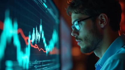 A young professional intently analyzes financial data and fluctuating graphs on a digital monitor, highlighting modern technology, business analysis, and decision making in finance. - Powered by Adobe