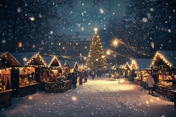 A suburban town square glowing with lights and a majestic Christmas tree decorated in silver 
