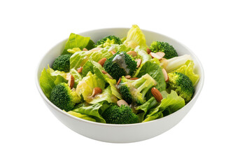 Fresh broccoli salad with lettuce and almonds isolated on transparent background