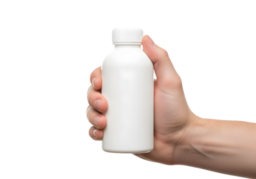 Hand holding a white opaque plastic bottle with a white screw-on cap isolated on a transparent background