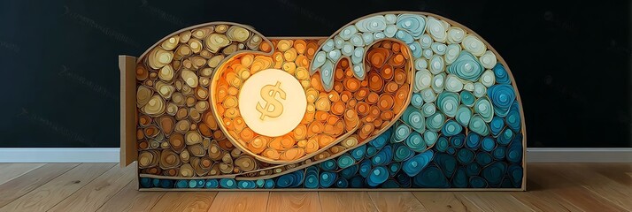 A colorful wave with gold and blue dots. The wave is made up of many different colors and shapes.